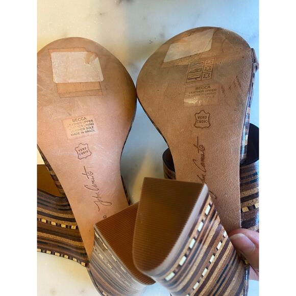 Vince Camuto Brown & Beige Becca Heel Slip On Leather Sandals Size 9 Wood tone - Picture 10 of 12